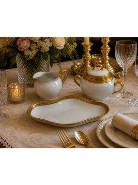 VTG Limoges France 3 Piece Set Sugar Cream Platter Porcelain Gold Encrusted